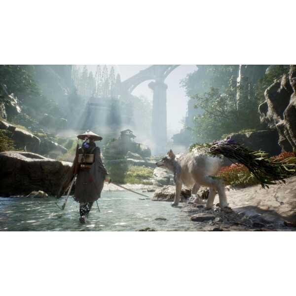 Epic fantasy game scene with a warrior and a mystical wolf in lush forest setting.