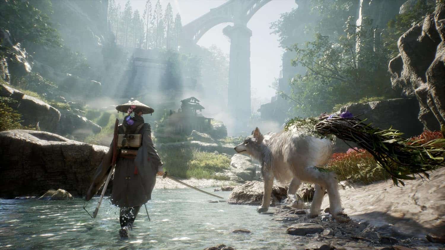 Epic fantasy game scene with a warrior and a mystical wolf in lush forest setting.