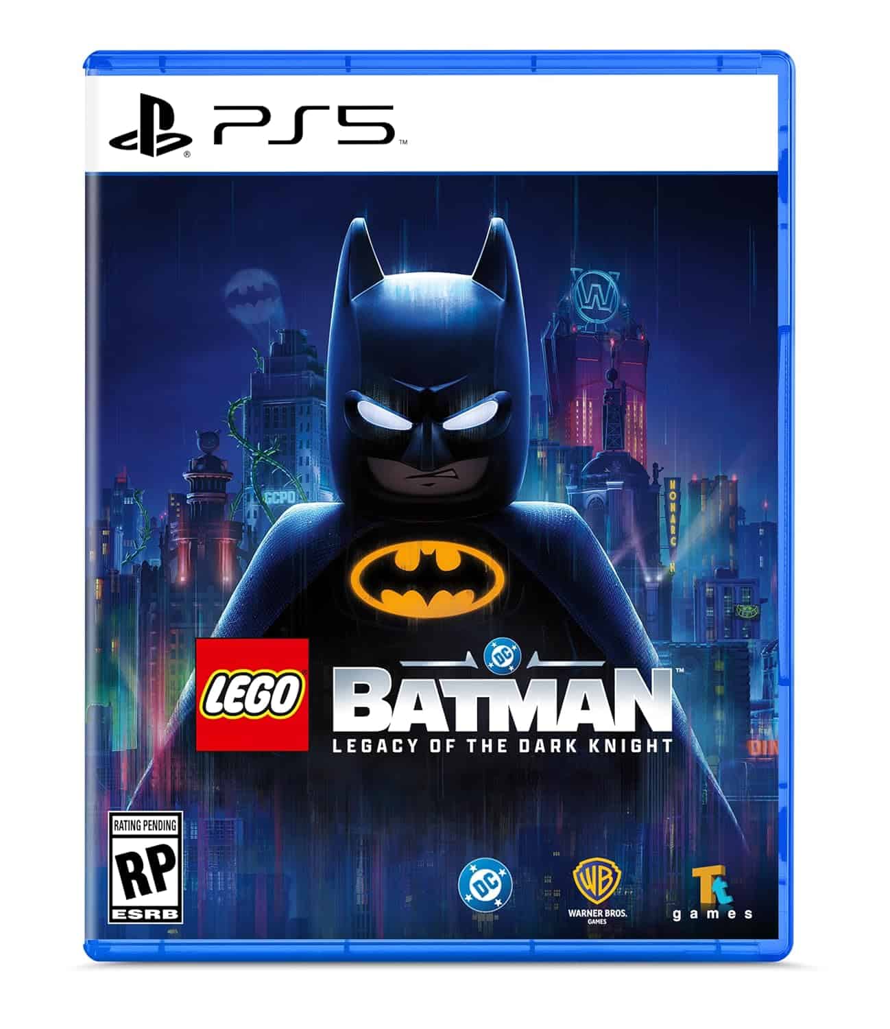 LEGO Batman game cover for PS5 featuring Batman in Gotham City at night.
