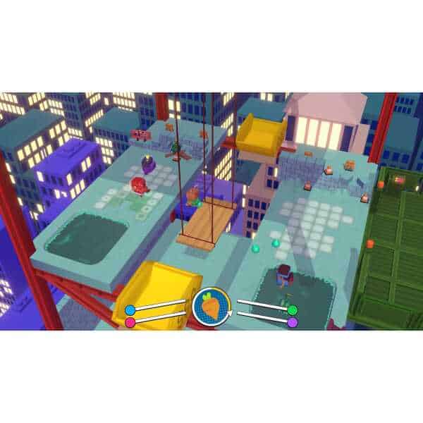 Colorful city building game with platforms, characters, and obstacles.