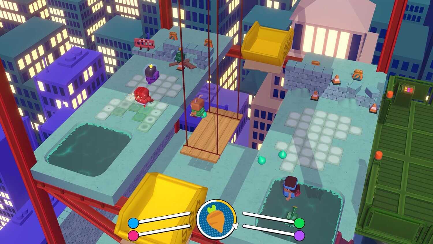 Colorful city building game with platforms, characters, and obstacles.