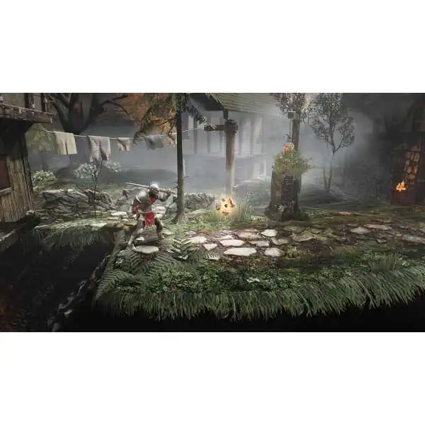 Hero fighting a fiery monster in a lush, medieval-inspired forest setting.