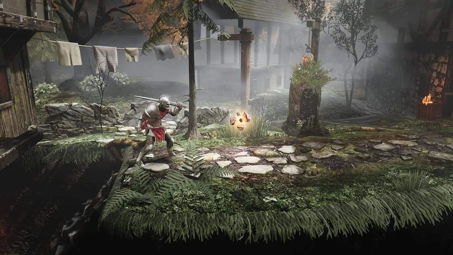 Hero fighting a fiery monster in a lush, medieval-inspired forest setting.