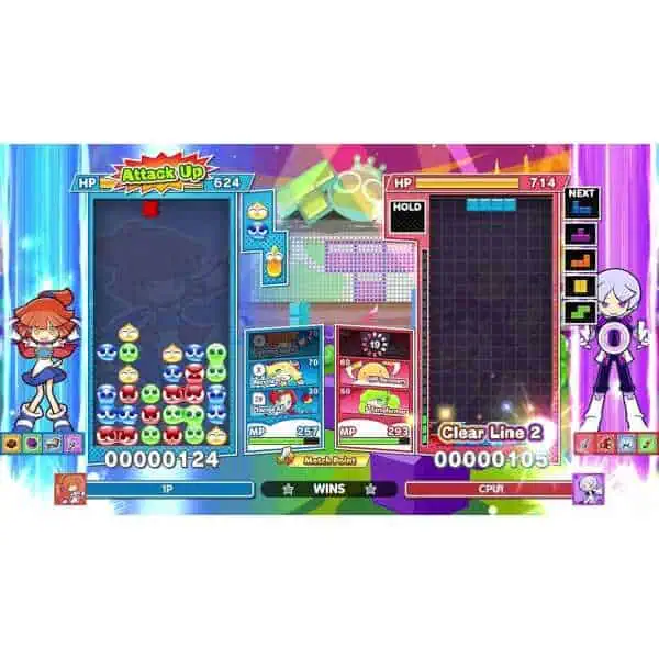Puyo Puyo Tetris 2S gameplay with colorful blocks and characters from the game.