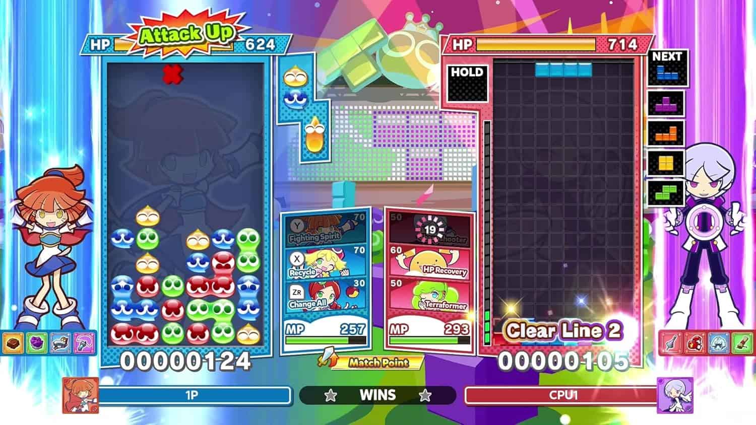 Puyo Puyo Tetris 2S gameplay with colorful blocks and characters from the game.