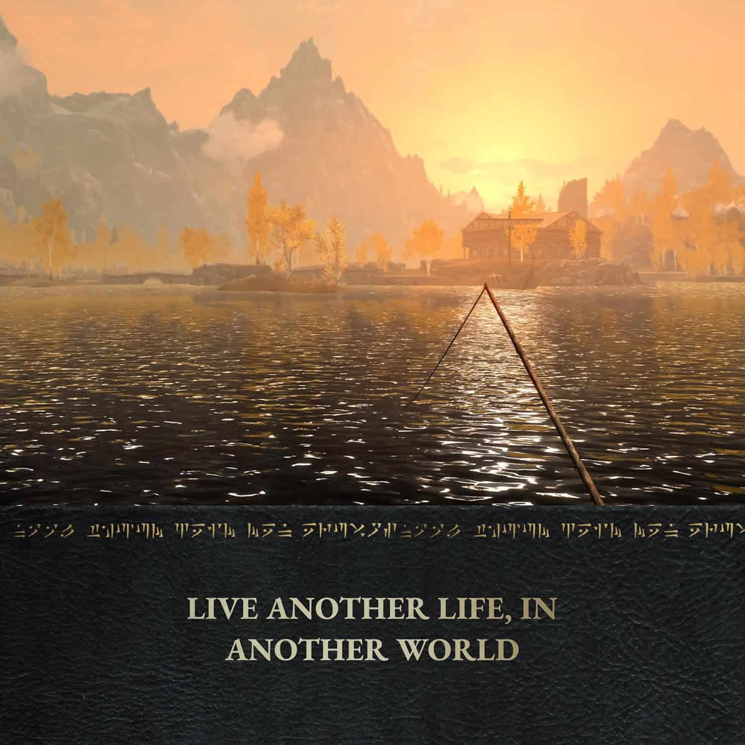 Skyrim Anniversary Edition landscape featuring a serene sunset and fishing setup.