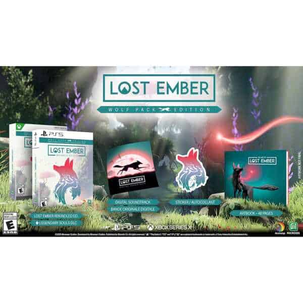 Lost Ember Wolf Pack Edition game box with soundtrack, sticker, and artwork.
