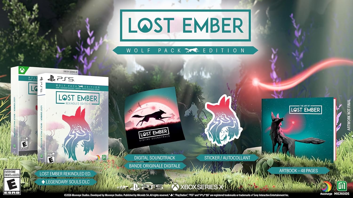 Lost Ember Wolf Pack Edition game box with soundtrack, sticker, and artwork.