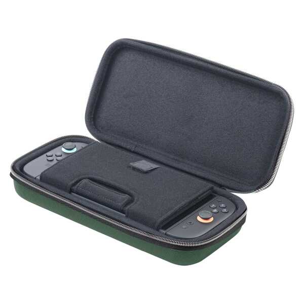 Portable gaming console case with accessories for Nintendo Switch or similar devices.