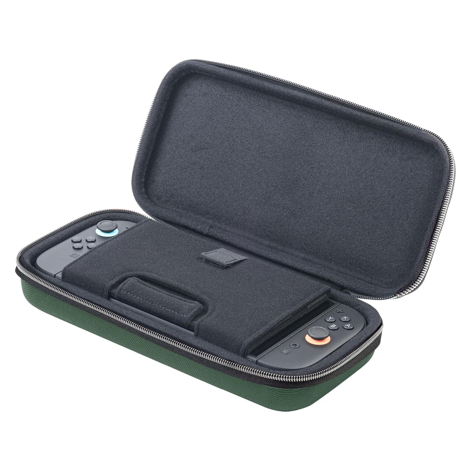 Portable gaming console case with accessories for Nintendo Switch or similar devices.