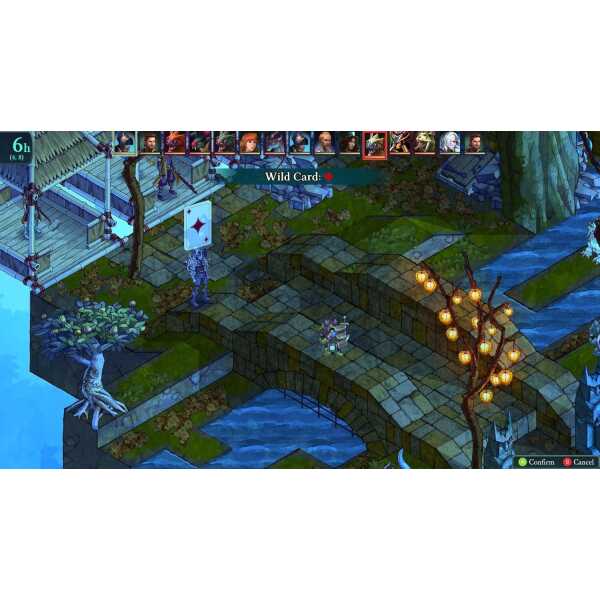 Vibrant fantasy game scene with characters on a stone bridge in a mystical forest setting.