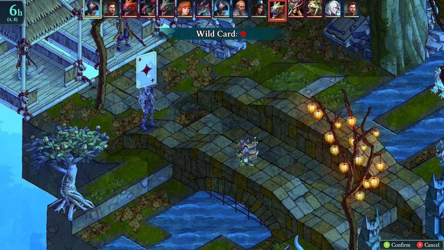 Vibrant fantasy game scene with characters on a stone bridge in a mystical forest setting.
