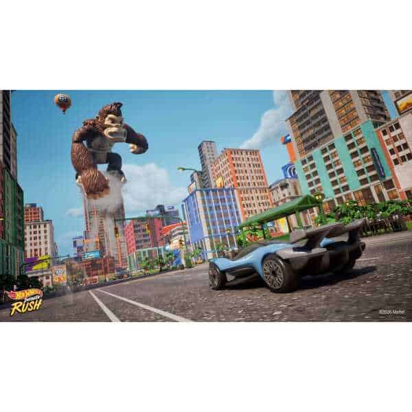 Futuristic cityscape with a giant monster and a sleek sports car.