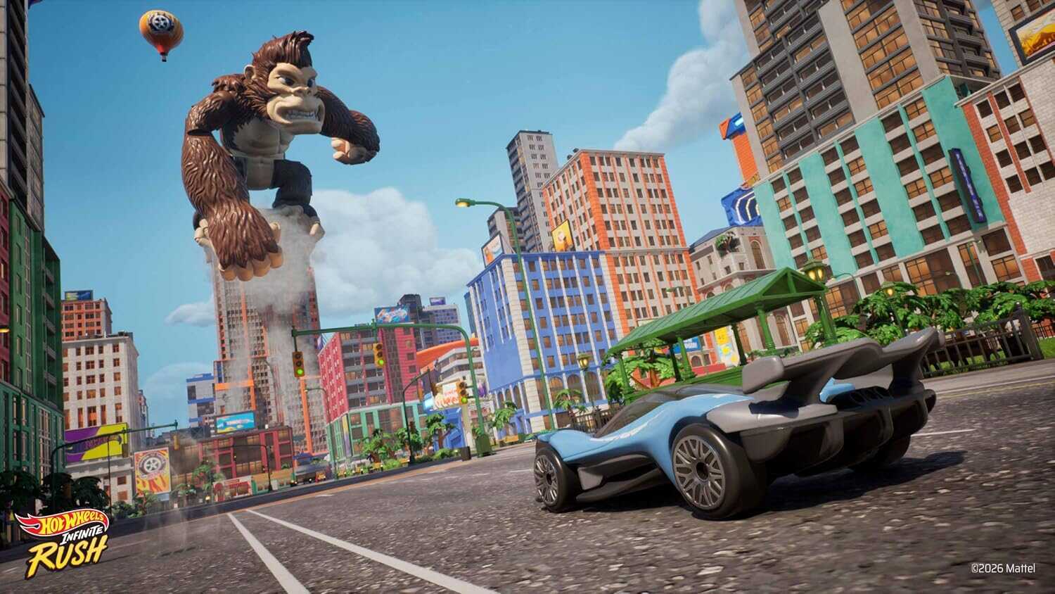 Futuristic cityscape with a giant monster and a sleek sports car.