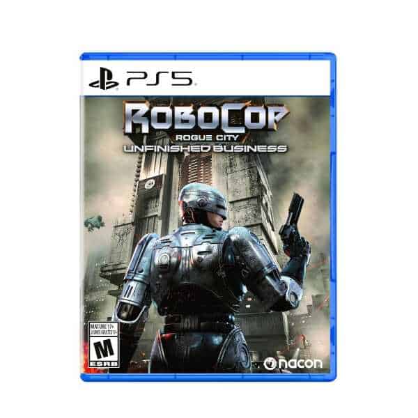 RoboCop Rogue City PS5 game cover featuring a futuristic police robot holding a gun.