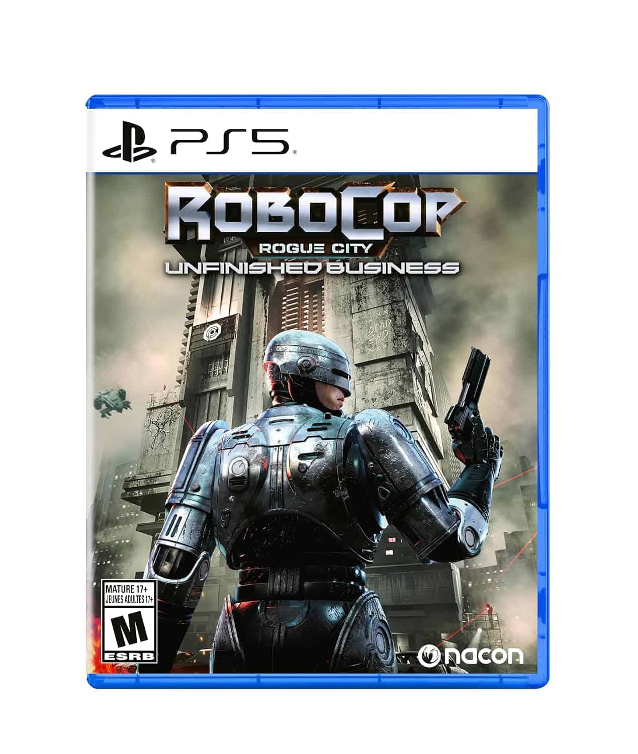 RoboCop Rogue City PS5 game cover featuring a futuristic police robot holding a gun.