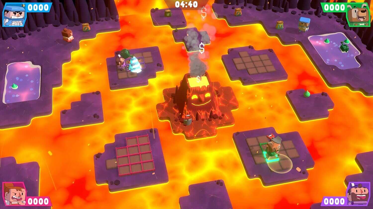 Lava-themed puzzle game with characters on floating platforms over lava.