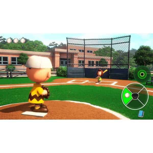 Snoopy playing baseball in a colorful outdoor game setting.