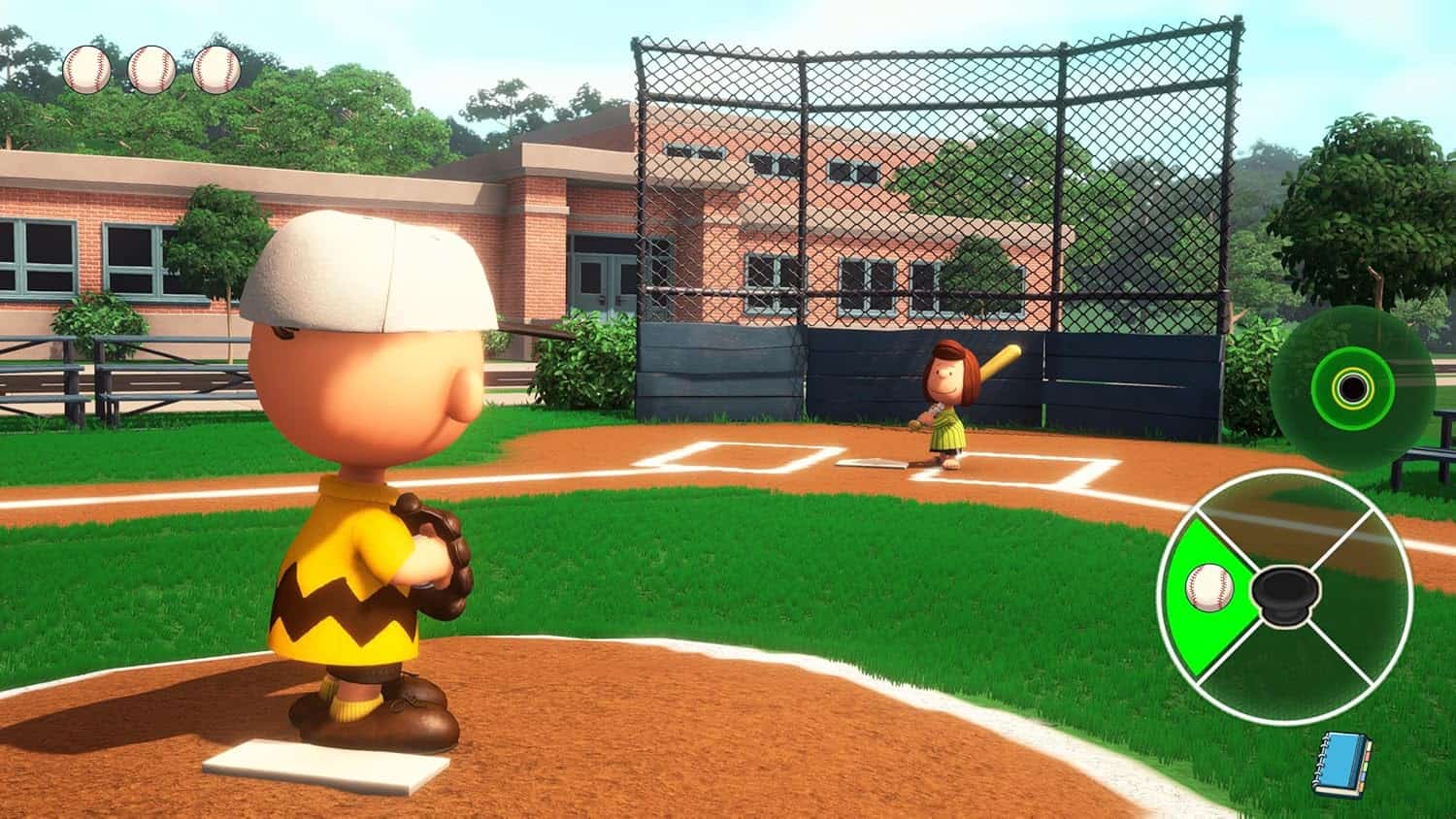Snoopy playing baseball in a colorful outdoor game setting.