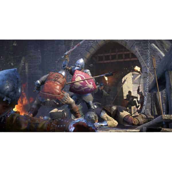 Epic medieval battle with knights fighting in a castle setting.