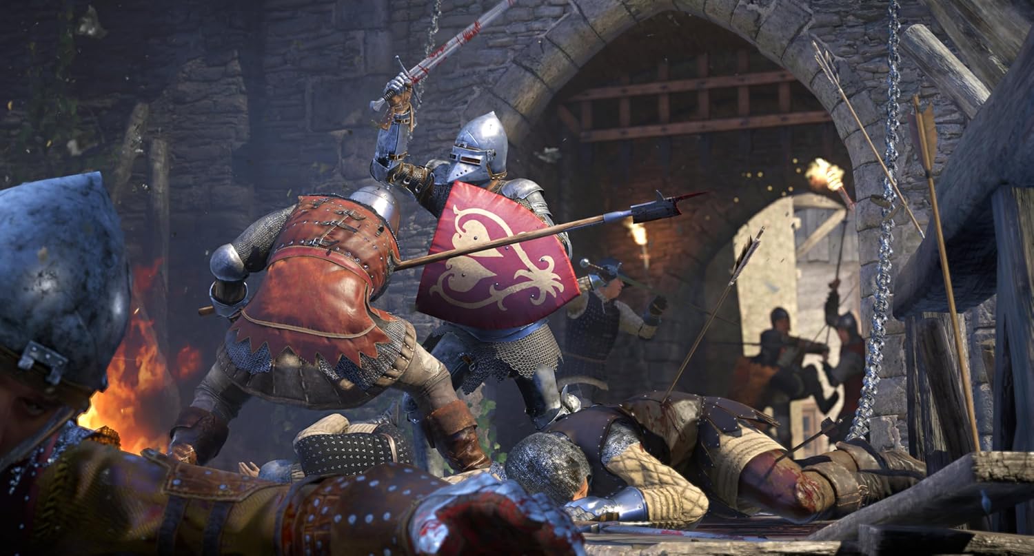 Epic medieval battle with knights fighting in a castle setting.