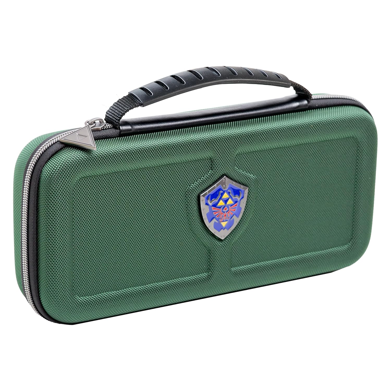 Green Zelda Hylian Shield themed carrying case for gaming accessories and collectibles.