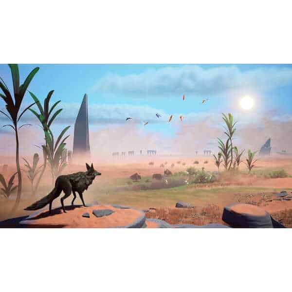 Futuristic desert scene with a wolf, tall plants, and flying kites under a bright sky.
