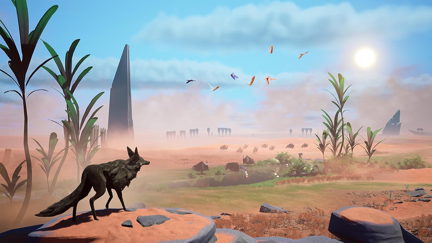 Futuristic desert scene with a wolf, tall plants, and flying kites under a bright sky.