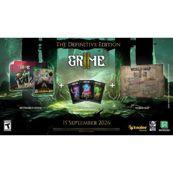 Image of Grime II: Definitive Edition game bundle with cover, cards, and world map.