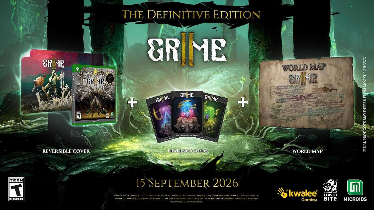 Image of Grime II: Definitive Edition game bundle with cover, cards, and world map.