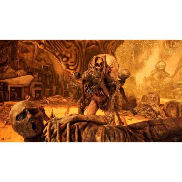 Dark fantasy scene with undead and skulls from Necrophosis game.