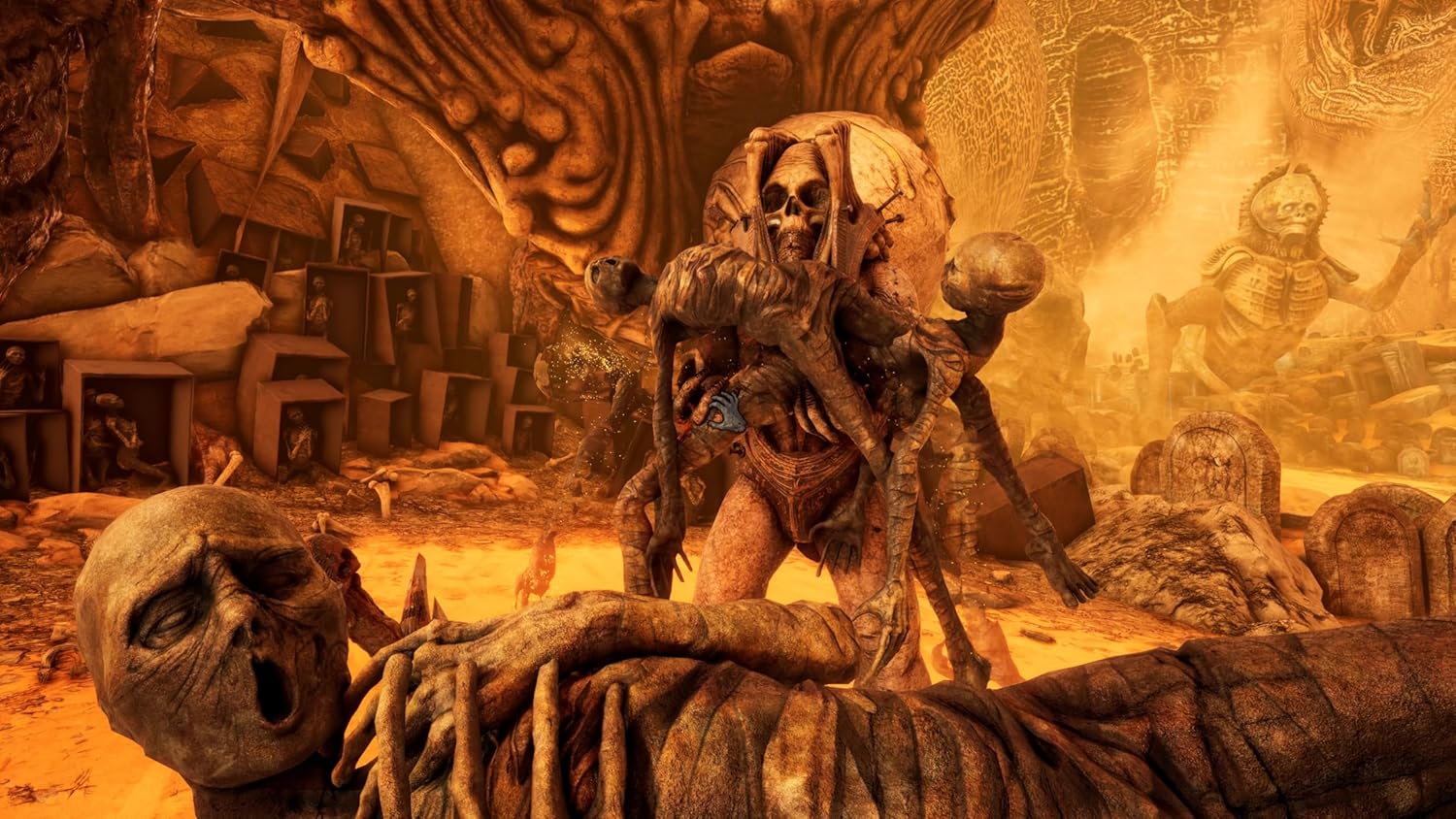 Dark fantasy scene with undead and skulls from Necrophosis game.