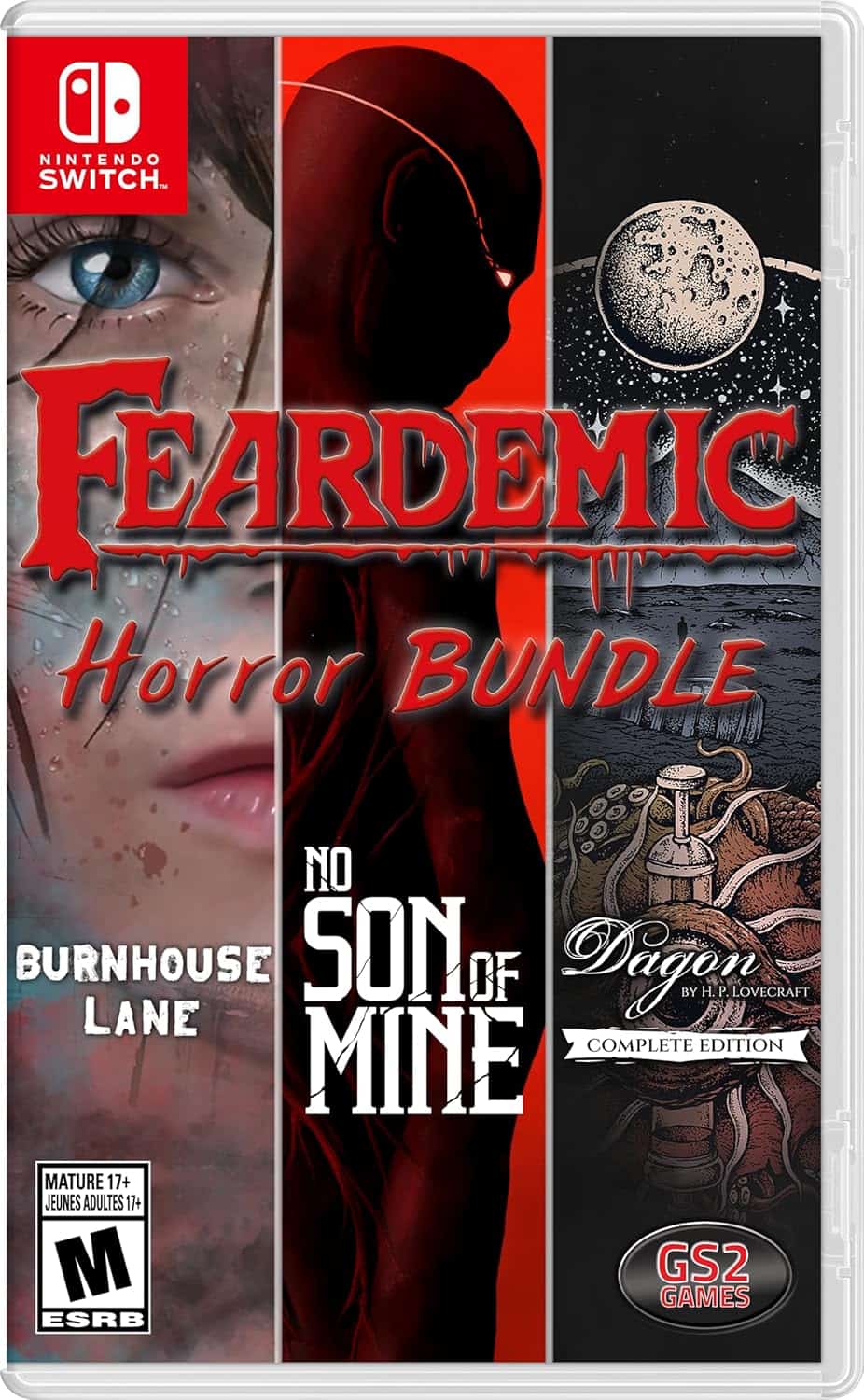 Horror game bundle featuring No Son of Mine, Burnhouse Lane, and Dagon for Nintendo Switch.