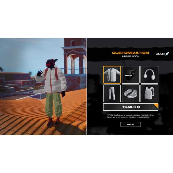 Avatar on rooftop with customization options in gameware interface.