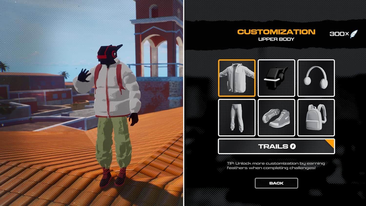 Avatar on rooftop with customization options in gameware interface.