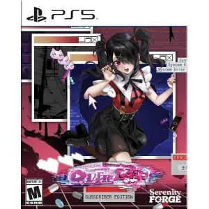 Anime girl with black hair and red outfit on a chaotic computer screen background.
