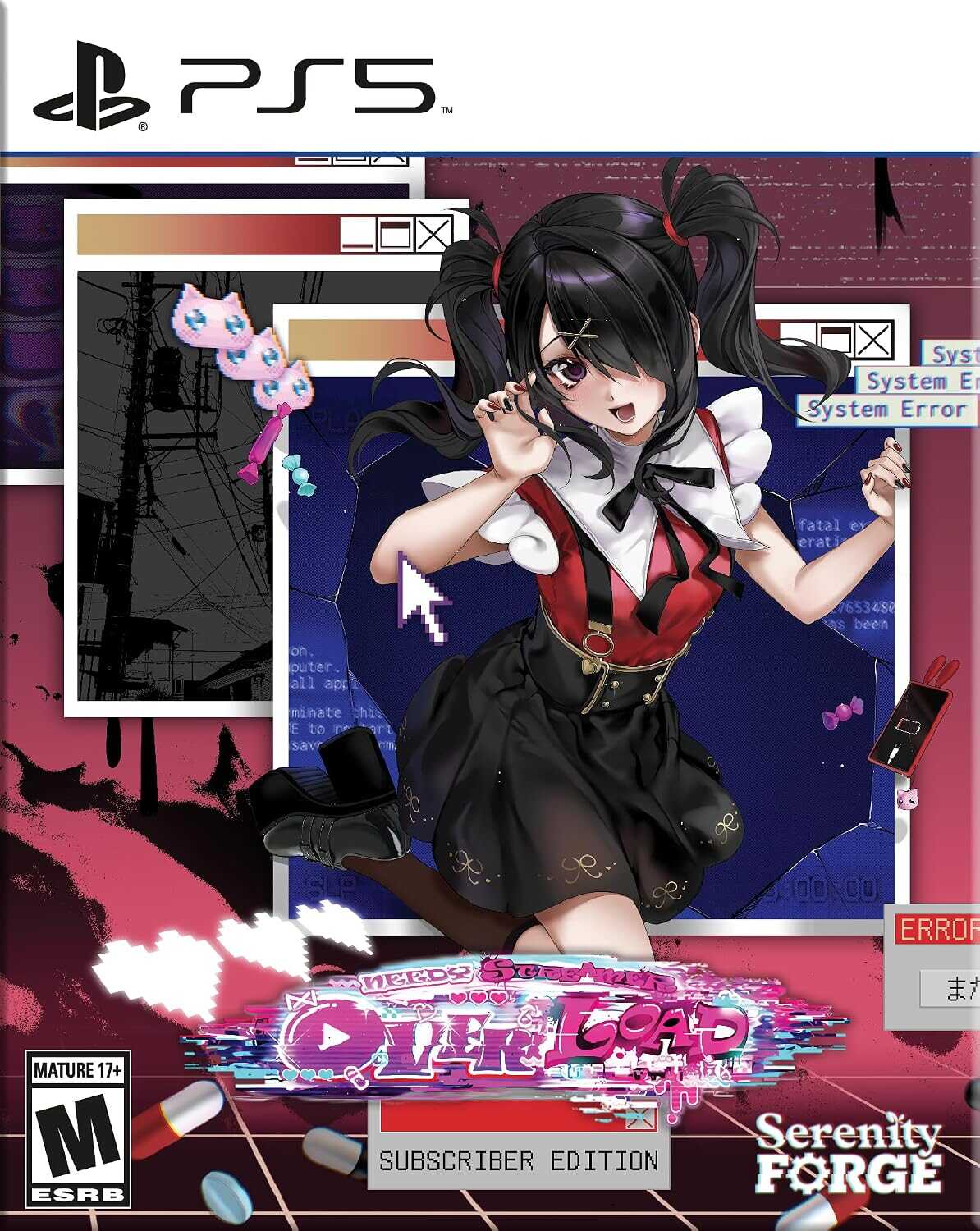 Anime girl with black hair and red outfit on a chaotic computer screen background.