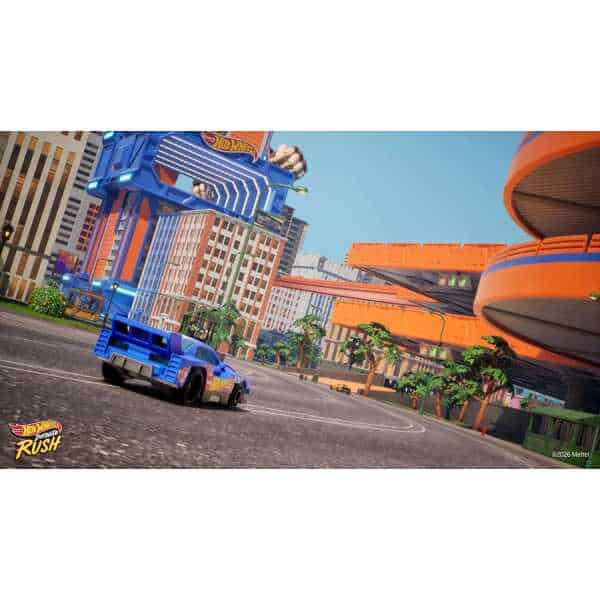 Hot Wheels car racing through a vibrant cityscape with futuristic buildings.