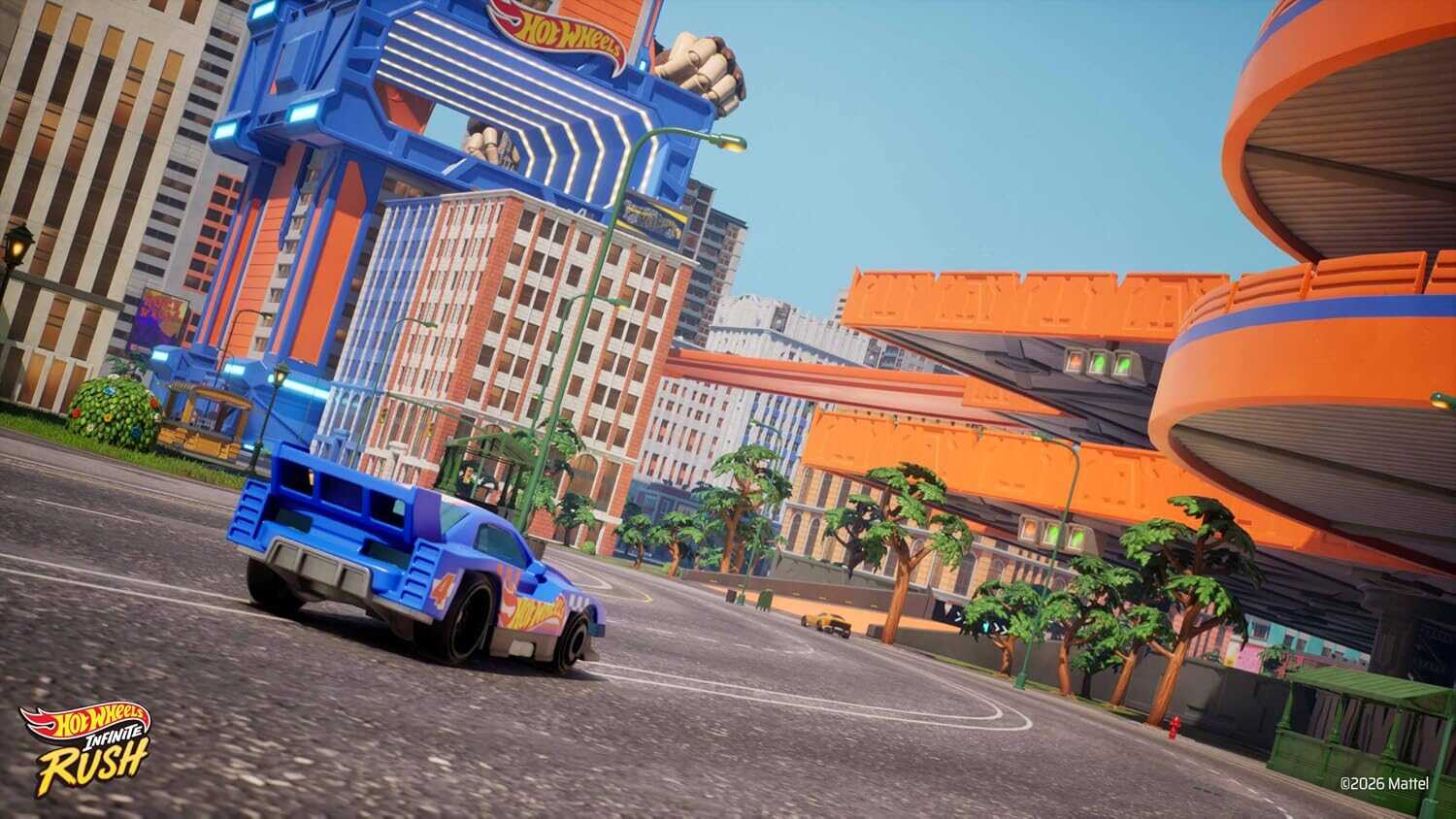 Hot Wheels car racing through a vibrant cityscape with futuristic buildings.