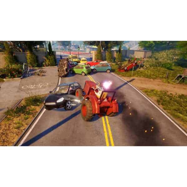 Red tractor crashes into cars on a suburban street in Goat Simulator 3.