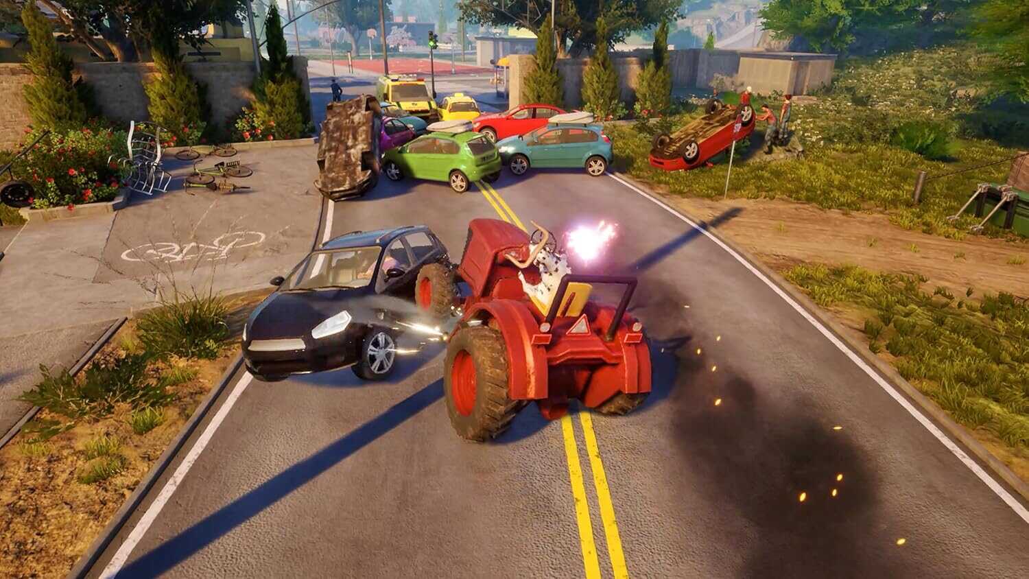 Red tractor crashes into cars on a suburban street in Goat Simulator 3.
