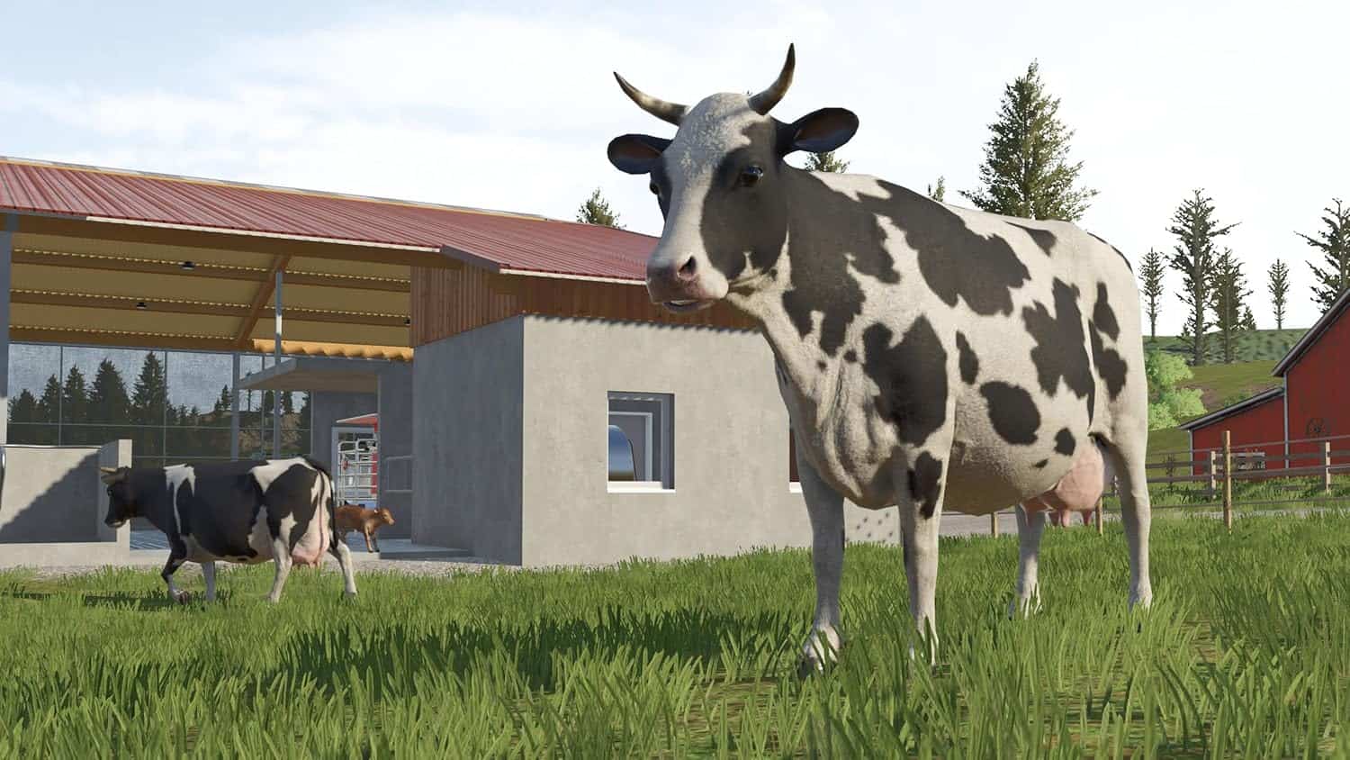 Cow and calf on a farm in Farming Simulator 26 game environment.