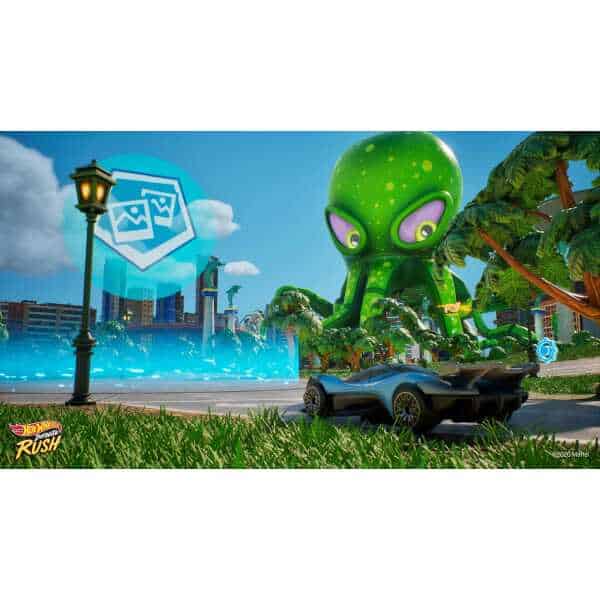 Futuristic cityscape with a giant green octopus and a sleek sports car.