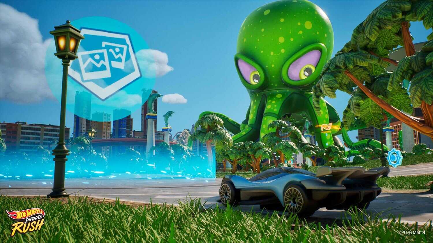 Futuristic cityscape with a giant green octopus and a sleek sports car.