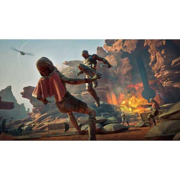 Futuristic battle scene from Dune: Awakening with characters fighting amidst explosions.