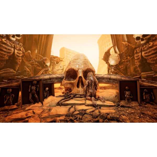 Full Consciousness - Dark dystopian environment with skulls and skeletal figures.