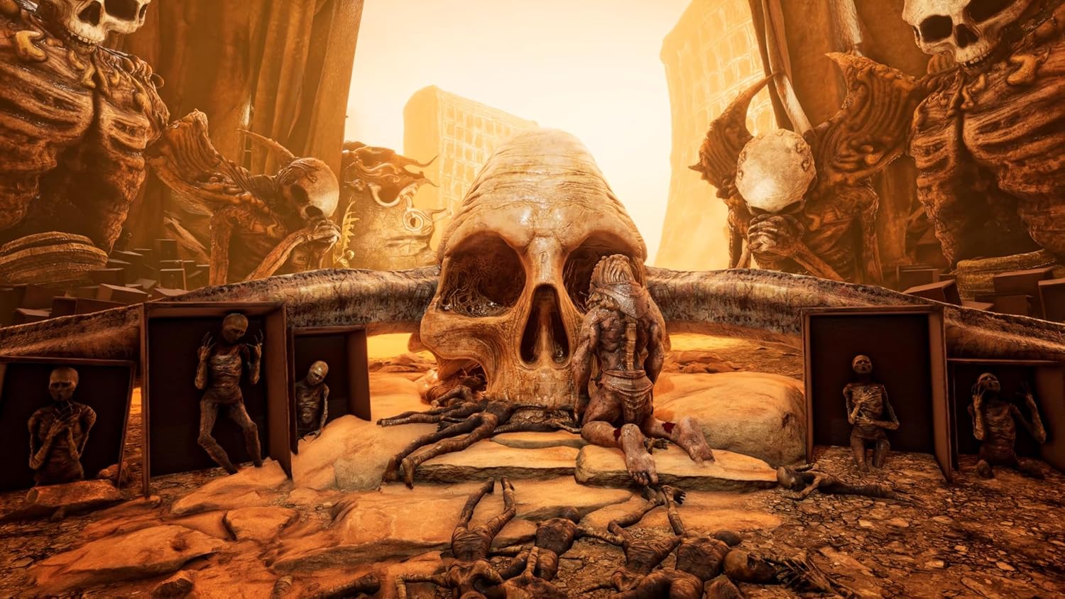 Full Consciousness - Dark dystopian environment with skulls and skeletal figures.