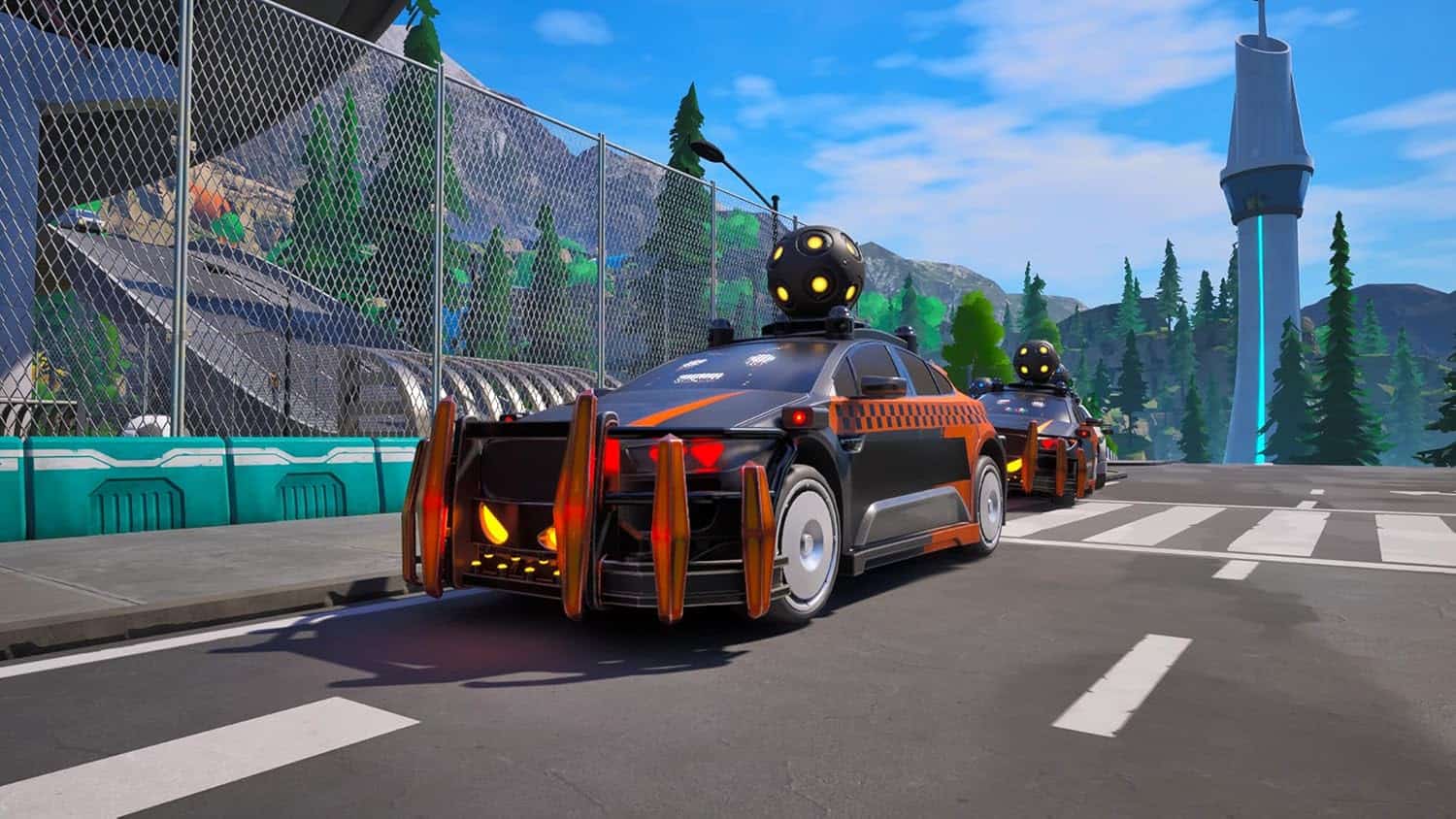 Taxi Chaos 2 racing cars on a city street with futuristic elements.