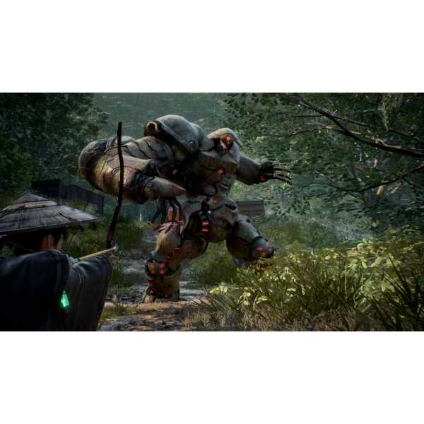Advanced combat robot navigating dense woodland environment.
