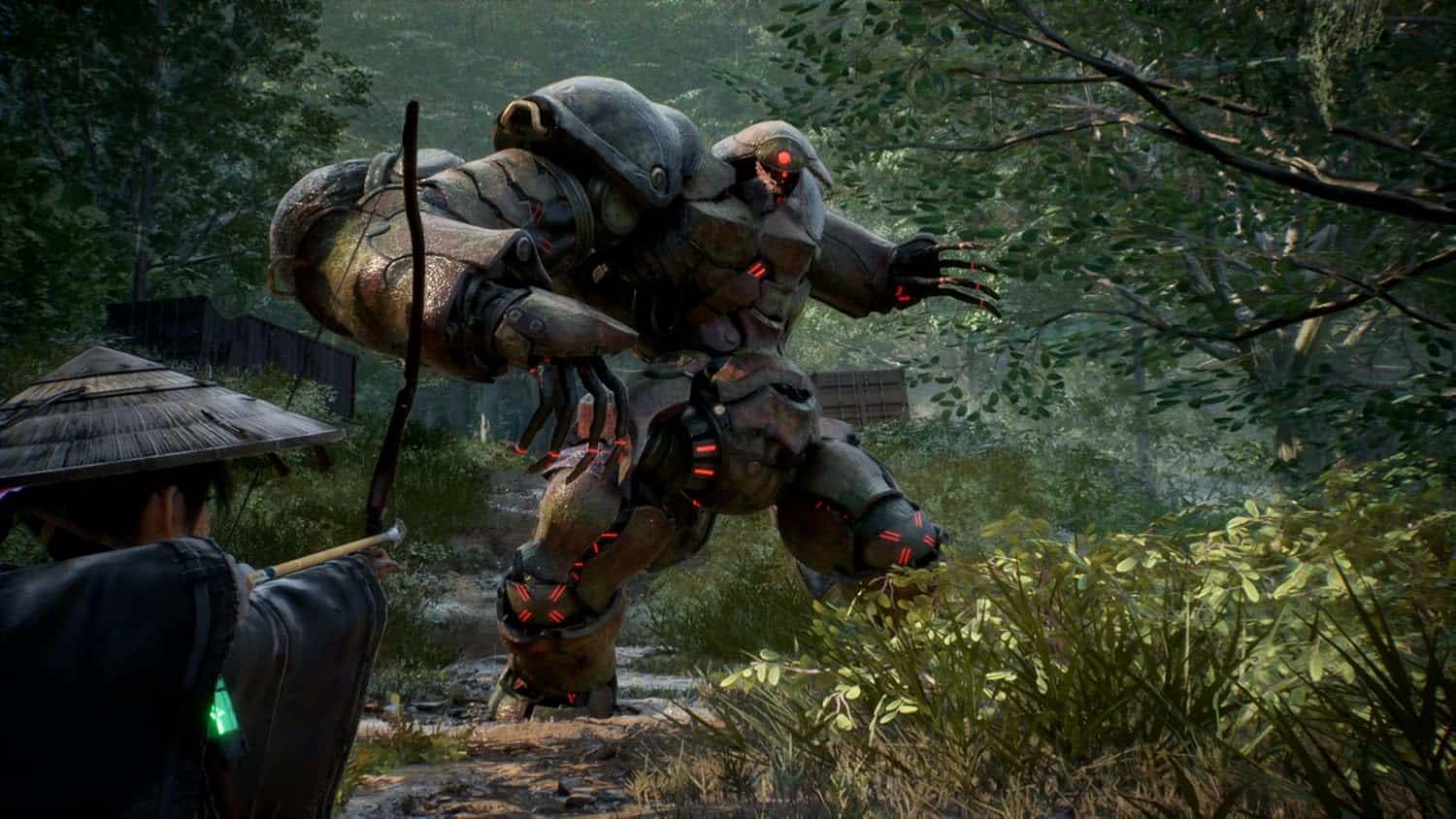 Advanced combat robot navigating dense woodland environment.